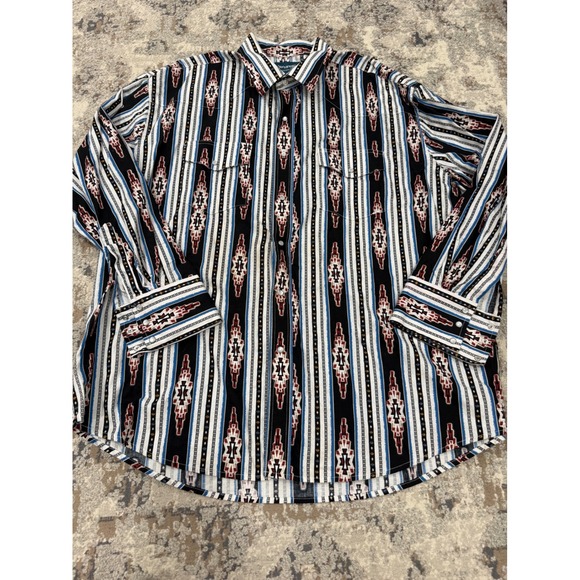 Wrangler Other - Wrangler Western Shirt Mens XXL Black Blue Aztec Stripe Pearl Snap Long Sleeve